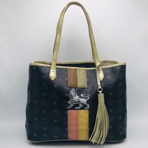 Authentic MCM Lion Black Leather Tote Shoulder Bag